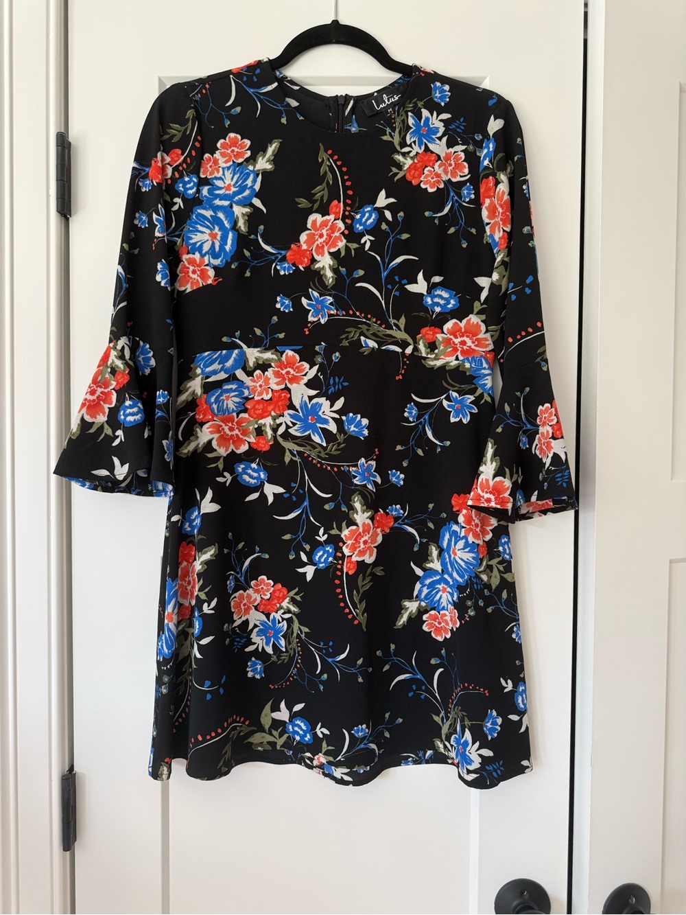 Lulu's Black Mini Dress with Orange & Blue Floral Print
